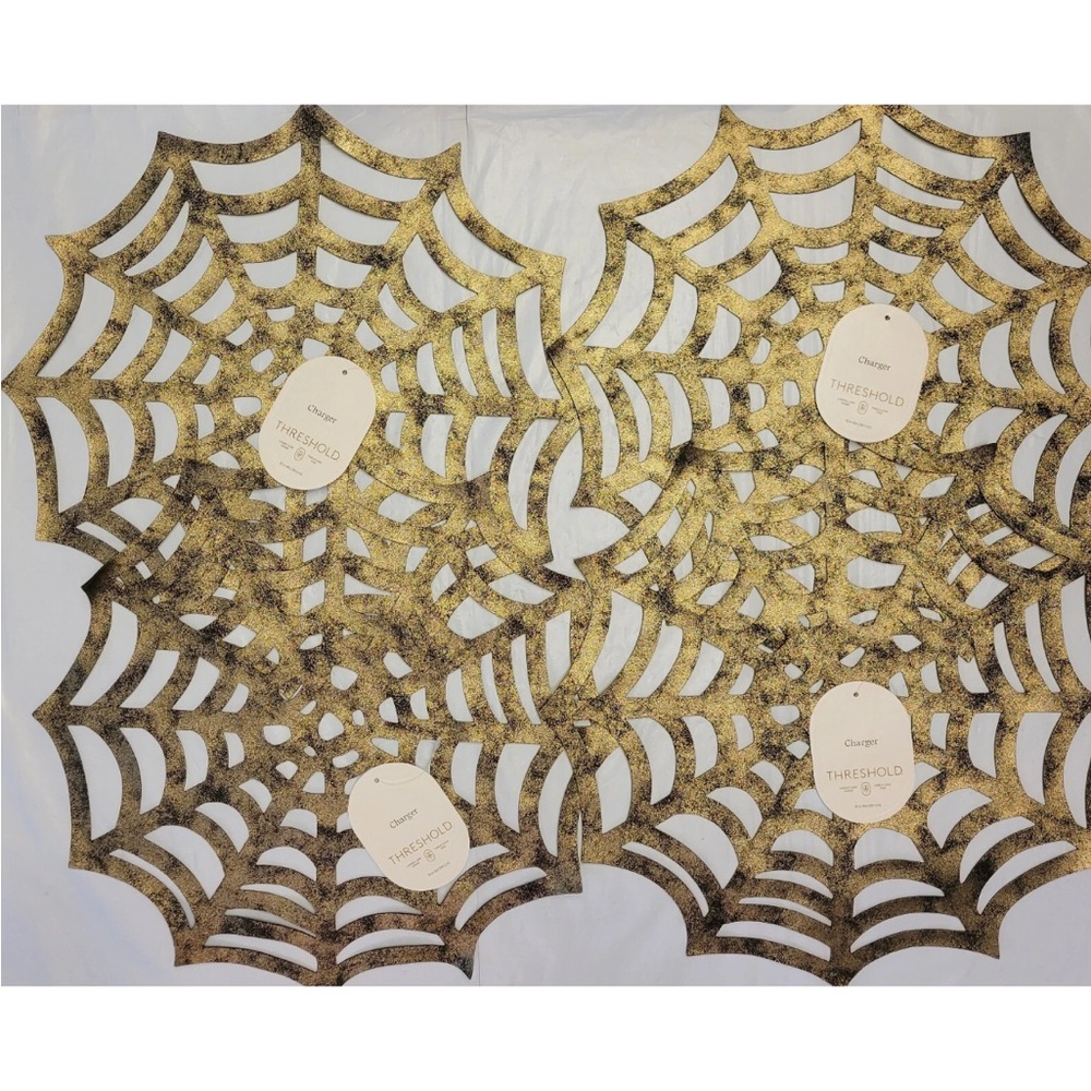 Threshold Halloween Spiderweb Placemats Set Of 4 Faux Leather Gold Tone 15”